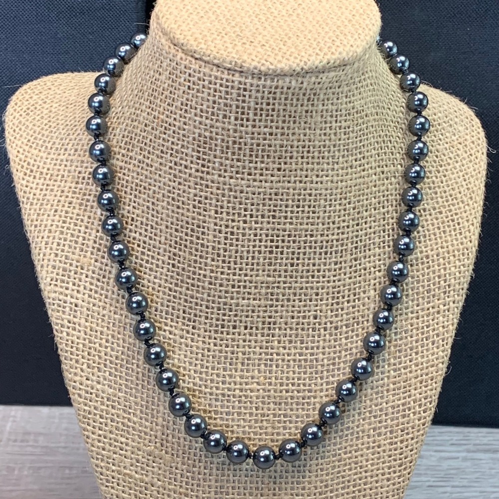 Vintage Black Glass Pearl Knotted Necklace 18 Inch Filigree Clasp 8mm Beads